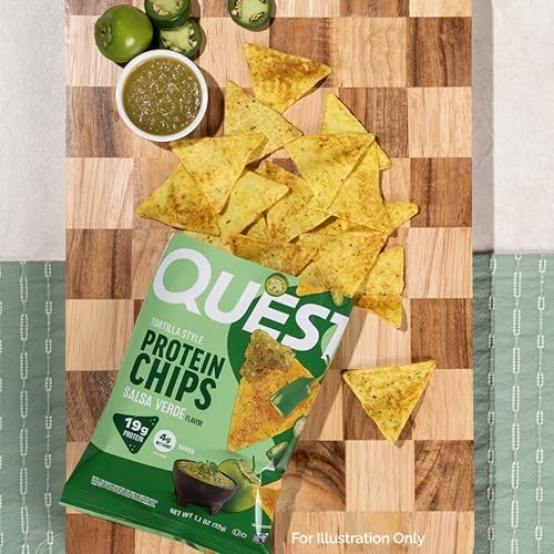 Quest Nutrition Tortilla Style Protein Chips  Salsa Verde  19g of Protein  4g Net Carbs  Gluten Free  1 1 Ounce  Pack of 12