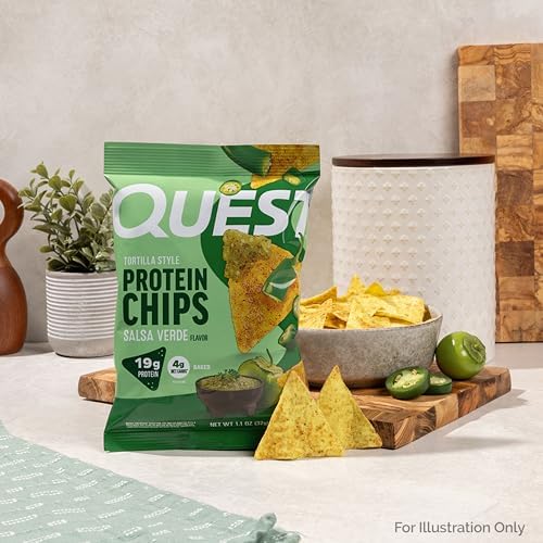 Quest Nutrition Tortilla Style Protein Chips  Salsa Verde  19g of Protein  4g Net Carbs  Gluten Free  1 1 Ounce  Pack of 12