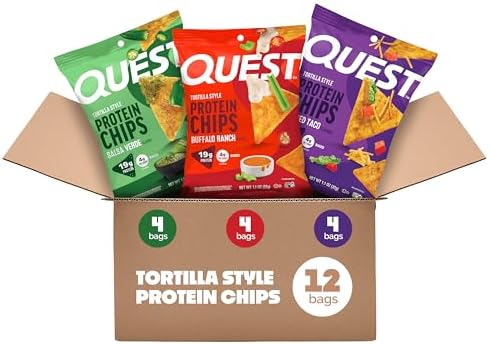 Quest Nutrition Tortilla Style Protein Chips  Salsa Verde  19g of Protein  4g Net Carbs  Gluten Free  1 1 Ounce  Pack of 12