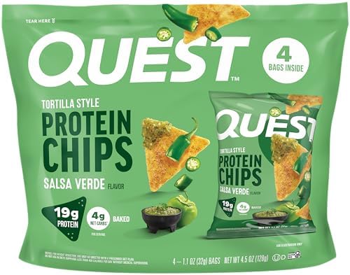 Quest Nutrition Tortilla Style Protein Chips  Salsa Verde  19g of Protein  4g Net Carbs  Gluten Free  1 1 Ounce  Pack of 12