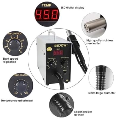Quick 857DW+ - Estación de soldadura ajustable para pistola de aire caliente, 580 W de alta potencia, control de temperatura de precisión, 4 boquillas incluidas, calentamiento rápido para retrabajo