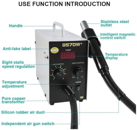 Quick 857DW+ - Estación de soldadura ajustable para pistola de aire caliente, 580 W de alta potencia, control de temperatura de precisión, 4 boquillas incluidas, calentamiento rápido para retrabajo