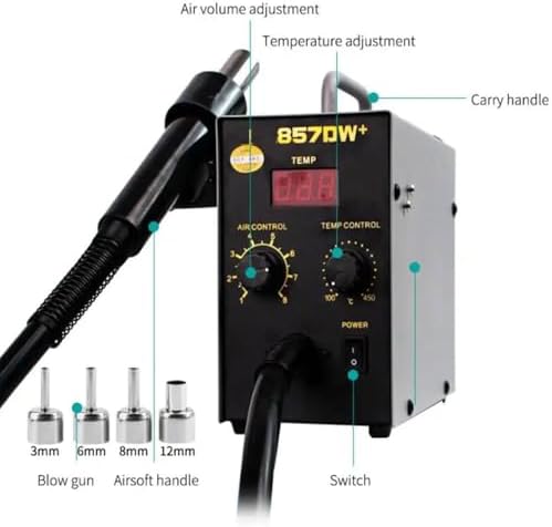Quick 857DW+ - Estación de soldadura ajustable para pistola de aire caliente, 580 W de alta potencia, control de temperatura de precisión, 4 boquillas incluidas, calentamiento rápido para retrabajo