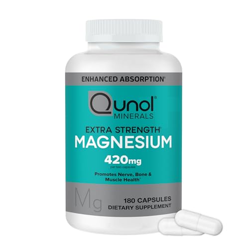 Qunol Cápsulas de magnesio 420 mg, 100% DV, suplemento de magnesio de alta absorción, extra fuerza, suplemento de salud ósea y muscular, 180 unidades