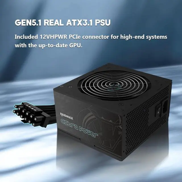 RAIDMAX Cobra 650W  80  Gold Certified Gaming PSU  ATX 3 1 Power Supply  PCIe Gen 5 Ready  High Performance Power Supply for Gaming PCs  RoHS  Active PFC  Black Flat Cables  5 Years Warranty
