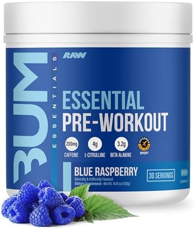 RAW Nutrition   Essential Pre   Chris Bumstead Pre Workout Formula  Sports Nutrition Pre Workout Powders   Men & Womens Drink  Energy Powder for Working Out  Blue Raspberry 