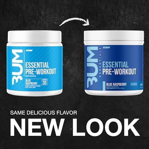 RAW Nutrition   Essential Pre   Chris Bumstead Pre Workout Formula  Sports Nutrition Pre Workout Powders   Men & Womens Drink  Energy Powder for Working Out  Blue Raspberry 