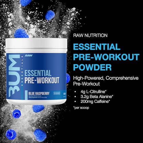 RAW Nutrition   Essential Pre   Chris Bumstead Pre Workout Formula  Sports Nutrition Pre Workout Powders   Men & Womens Drink  Energy Powder for Working Out  Blue Raspberry 