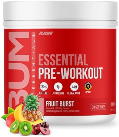 RAW Nutrition   Essential Pre   Chris Bumstead Pre Workout Formula  Sports Nutrition Pre Workout Powders   Men & Womens Drink  Energy Powder for Working Out  Blue Raspberry 