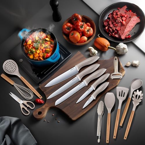 RAXCO Utensil Sets 18 Piece Knifes and cutting board Silicone Cooking Tools and Kitchen Accessories Straw