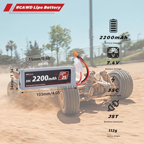 RCAWD 7 4V Lipo Battery 2S 35C 2200mAh with JST Plug IC2 Connector 3S 7 4V 1 3A Charger for 1/12 Losi NAS Brushed Arrma Grom 2S Mojave Typhon Granite Series Upgrades Part