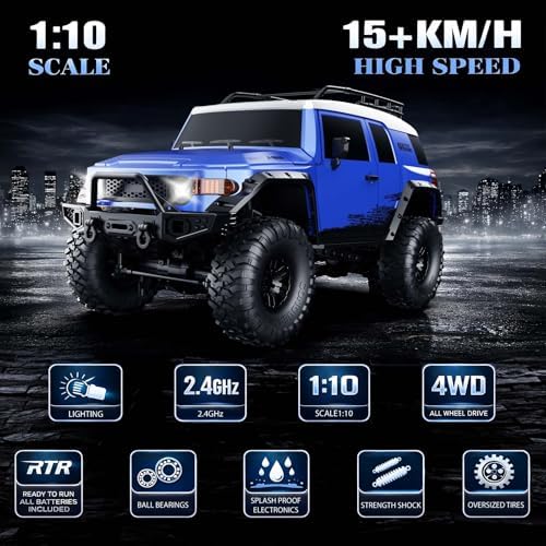 RC Cars RC Crawler 1/10 Scale RTR Remote Control Car 4WD 2 4GHz Brushed Offroad Racing Hobby Grade Model Vehicle with LED Lights 2Pcs Battery Toy for Kids and Adults