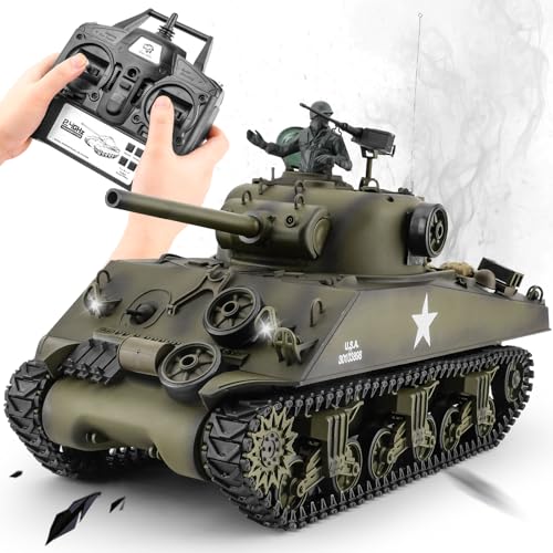 RC Sherman Tank Model HengLong RC Tanks 1/16 Scale 2 4ghz US M4A3 Sherman Tank Remote Control Tanks for Adults Big Tank for Boys Kids and Teens Age 14 