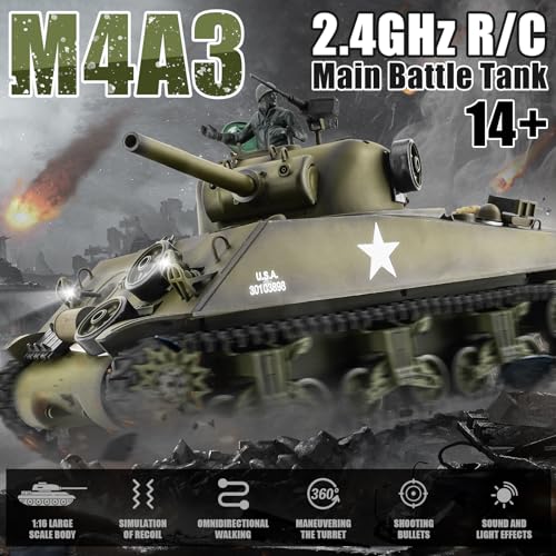 RC Sherman Tank Model HengLong RC Tanks 1/16 Scale 2 4ghz US M4A3 Sherman Tank Remote Control Tanks for Adults Big Tank for Boys Kids and Teens Age 14 