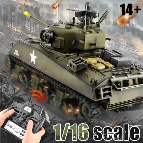 RC Sherman Tank Model HengLong RC Tanks 1/16 Scale 2 4ghz US M4A3 Sherman Tank Remote Control Tanks for Adults Big Tank for Boys Kids and Teens Age 14 