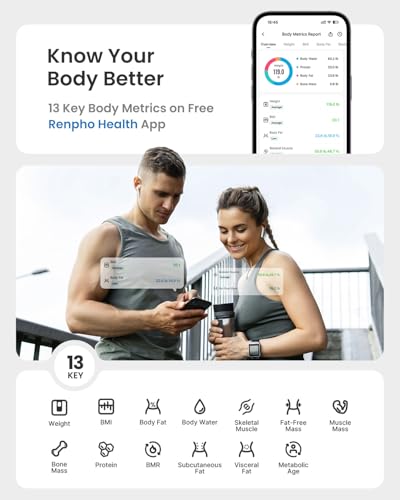 RENPHO Scale for Body Weight  Smart Scale with BMI  Body Fat  Muscle Mass  Bluetooth  13 Metrics with Large VA Display  Support App Connection  Black  Elis 2X