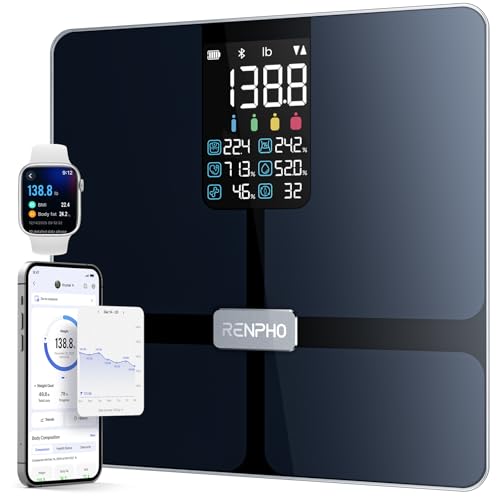 RENPHO Scale for Body Weight  Smart Scale with BMI  Body Fat  Muscle Mass  Bluetooth  13 Metrics with Large Display  Support App Connection  Black  Elis 2X