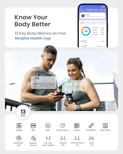 RENPHO Scale for Body Weight  Smart Scale with BMI  Body Fat  Muscle Mass  Bluetooth  13 Metrics with Large Display  Support App Connection  Black  Elis 2X
