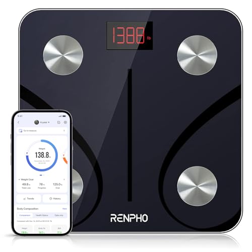 RENPHO Scale for Body Weight  Smart Scale with BMI  Body Fat  Muscle Mass  Bluetooth  13 Metrics with Large Display  Support App Connection  Black  Elis 2X