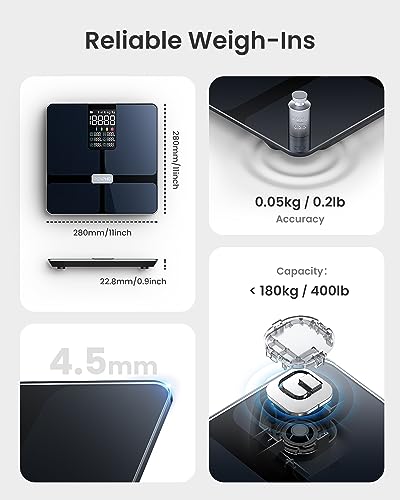 RENPHO Scale for Body Weight  Smart Scale with BMI  Body Fat  Muscle Mass  Bluetooth  13 Metrics with Large Display  Support App Connection  Black  Elis 2X