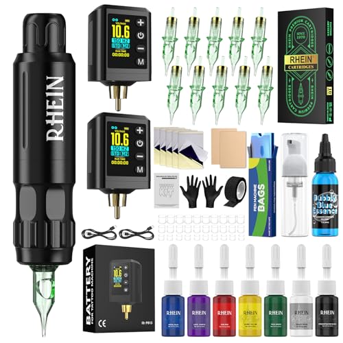 RHEIN Rotary Tattoo Gun Pen Kit   Complete Starter Set with 2 Wireless Power Supplies  10 Needles  Full Supplies for Beginners & Artists RN TKP603B 1