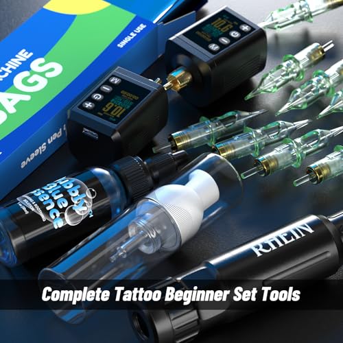 RHEIN Rotary Tattoo Gun Pen Kit   Complete Starter Set with 2 Wireless Power Supplies  10 Needles  Full Supplies for Beginners & Artists RN TKP603B 1