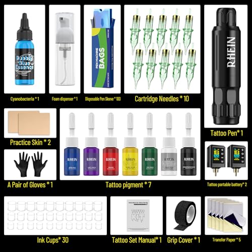 RHEIN Rotary Tattoo Gun Pen Kit   Complete Starter Set with 2 Wireless Power Supplies  10 Needles  Full Supplies for Beginners & Artists RN TKP603B 1