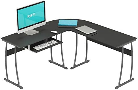 RIF6 L Shaped Modern Computer Home Office Gaming Desk with Keyboard Tray and Cable Management  Easy Assembly  Black
