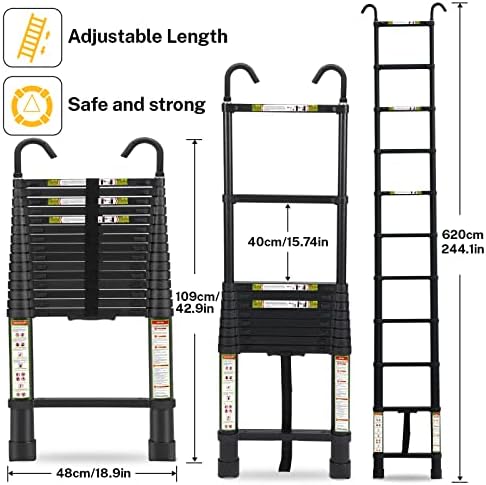 RIKADE Escalera telescópica de aluminio de 6.5 pies con patas antideslizantes y gancho estable, escalera de extensión portátil para el hogar y el trabajo al aire libre, carga máxima de 330 libras, color negro