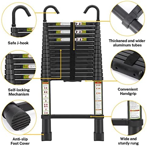 RIKADE Escalera telescópica de aluminio de 6.5 pies con patas antideslizantes y gancho estable, escalera de extensión portátil para el hogar y el trabajo al aire libre, carga máxima de 330 libras, color negro