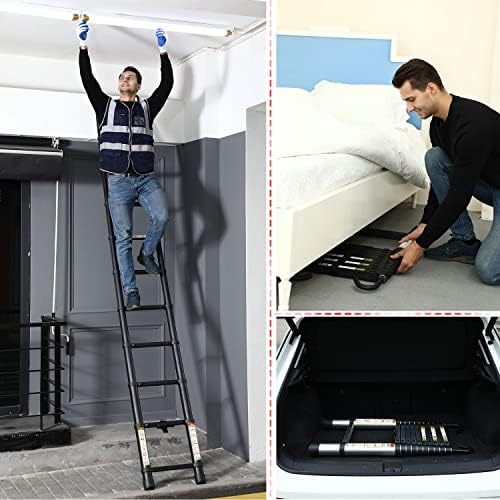 RIKADE Escalera telescópica de aluminio de 6.5 pies con patas antideslizantes y gancho estable, escalera de extensión portátil para el hogar y el trabajo al aire libre, carga máxima de 330 libras, color negro