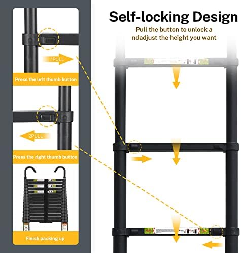 RIKADE Escalera telescópica de aluminio de 6.5 pies con patas antideslizantes y gancho estable, escalera de extensión portátil para el hogar y el trabajo al aire libre, carga máxima de 330 libras, color negro