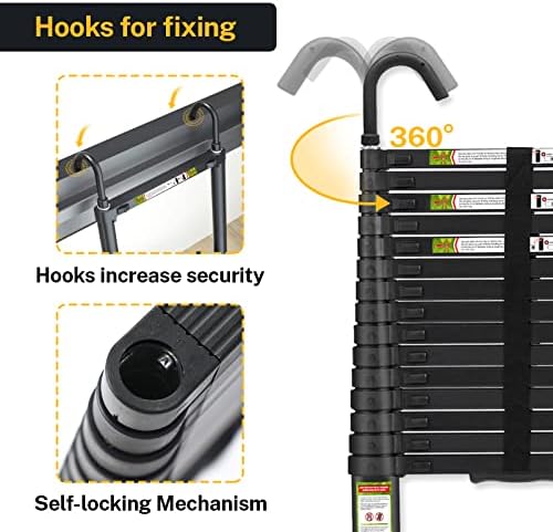 RIKADE Escalera telescópica de aluminio de 6.5 pies con patas antideslizantes y gancho estable, escalera de extensión portátil para el hogar y el trabajo al aire libre, carga máxima de 330 libras, color negro