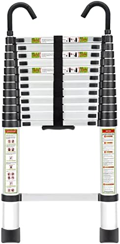 RIKADE Escalera telescópica de aluminio de 6.5 pies con patas antideslizantes y gancho estable, escalera de extensión portátil para el hogar y el trabajo al aire libre, carga máxima de 330 libras, color negro