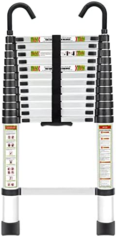 RIKADE Escalera telescópica de aluminio de 6.5 pies con patas antideslizantes y gancho estable, escalera de extensión portátil para el hogar y el trabajo al aire libre, carga máxima de 330 libras, color negro