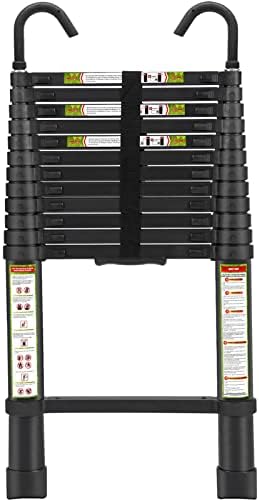 RIKADE Escalera telescópica de aluminio de 6.5 pies con patas antideslizantes y gancho estable, escalera de extensión portátil para el hogar y el trabajo al aire libre, carga máxima de 330 libras, color negro