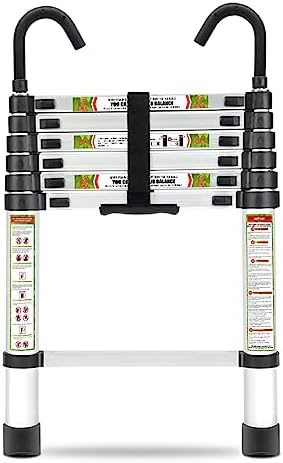 RIKADE Escalera telescópica de aluminio de 6.5 pies con patas antideslizantes y gancho estable, escalera de extensión portátil para el hogar y el trabajo al aire libre, carga máxima de 330 libras, color negro