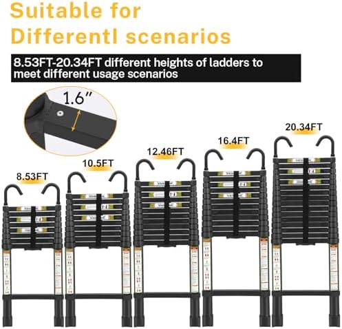 RIKADE Escalera telescópica de aluminio de 6.5 pies con patas antideslizantes y gancho estable, escalera de extensión portátil para el hogar y el trabajo al aire libre, carga máxima de 330 libras, color negro