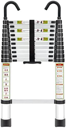 RIKADE Escalera telescópica de aluminio de 6.5 pies con patas antideslizantes y gancho estable, escalera de extensión portátil para el hogar y el trabajo al aire libre, carga máxima de 330 libras, color negro
