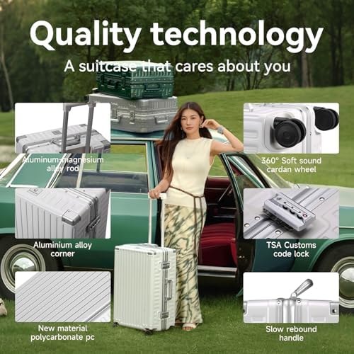 ROAMING Zipperless Luggage 28 Inch with Aluminum Frame  Checked Large Lightweight 3 Layer PC Hard Shell Suitcase with Spinner Wheels  Metal Travel Luggage with Three TSA Locks  Shell white