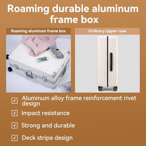 ROAMING Zipperless Luggage 28 Inch with Aluminum Frame  Checked Large Lightweight 3 Layer PC Hard Shell Suitcase with Spinner Wheels  Metal Travel Luggage with Three TSA Locks  Shell white