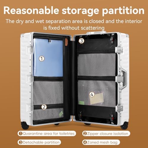 ROAMING Zipperless Luggage 28 Inch with Aluminum Frame  Checked Large Lightweight 3 Layer PC Hard Shell Suitcase with Spinner Wheels  Metal Travel Luggage with Three TSA Locks  Shell white