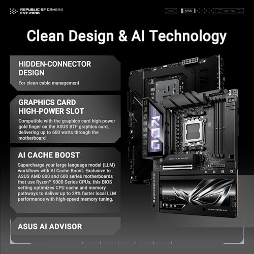 ROG Crosshair X870E Hero BTF AMD ATX Board with Hidden Connector Design & high Power GPU Slot for Clean Cable Management  18 2 2 Power  DDR5  WiFi 7  5X M 2  PCIe 5 0  USB4  Advanced AI PC Ready