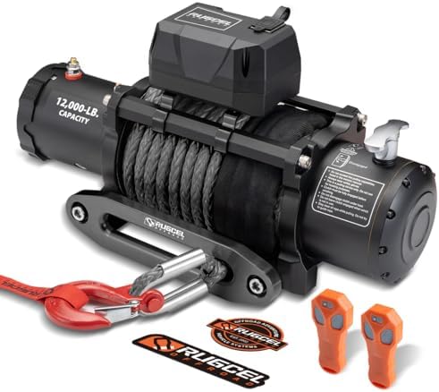 RUGCEL 12000lb Waterproof Electric Winch   12V Synthetic Rope  100 x 3/8  with Hawse Fairlead  2 Wireless Remotes   Wired Handle  IP67 Rated  for Truck Trailer