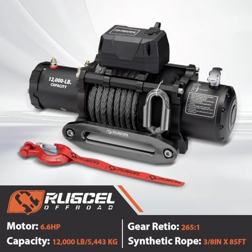 RUGCEL 12000lb Waterproof Electric Winch   12V Synthetic Rope  100 x 3/8  with Hawse Fairlead  2 Wireless Remotes   Wired Handle  IP67 Rated  for Truck Trailer
