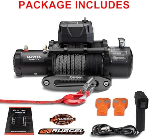 RUGCEL 12000lb Waterproof Electric Winch   12V Synthetic Rope  100 x 3/8  with Hawse Fairlead  2 Wireless Remotes   Wired Handle  IP67 Rated  for Truck Trailer