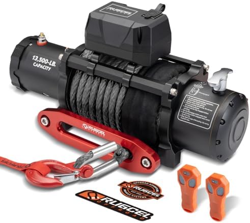 RUGCEL 12000lb Waterproof Electric Winch   12V Synthetic Rope  100 x 3/8  with Hawse Fairlead  2 Wireless Remotes   Wired Handle  IP67 Rated  for Truck Trailer