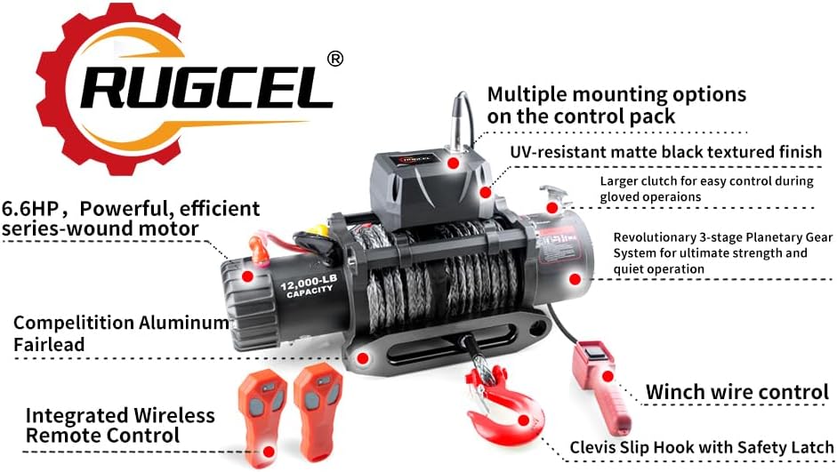 RUGCEL 12000lb Waterproof Electric Winch   12V Synthetic Rope  100 x 3/8  with Hawse Fairlead  2 Wireless Remotes   Wired Handle  IP67 Rated  for Truck Trailer