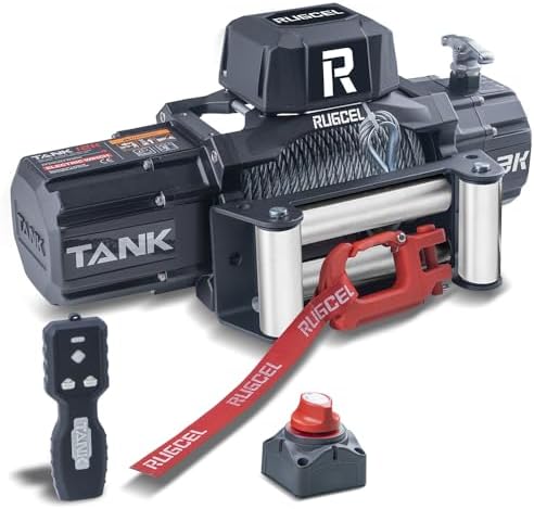 RUGCEL 12000lb Waterproof Electric Winch   12V Synthetic Rope  100 x 3/8  with Hawse Fairlead  2 Wireless Remotes   Wired Handle  IP67 Rated  for Truck Trailer