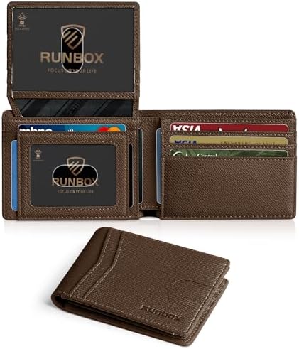 RUNBOX Wallet for Men Slim Rfid Leather 2 ID Window With Gift Box